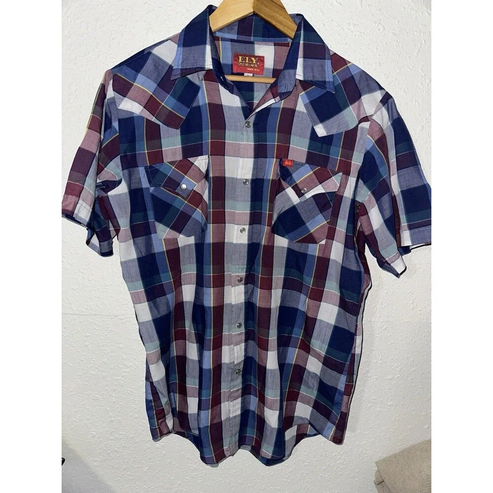 Ely Cattleman Western Blue Plaid Shirt Size Medium Pearl Snap Short Sleeve